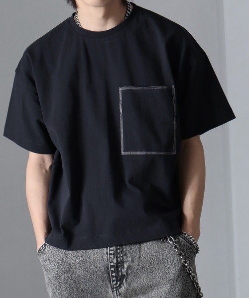 welise(ウェライズ)の「【welise/ウェライズ】チェーンステッチポケット ショート丈半袖Tシャツ(Tシャツ/カットソー・メンズ・ブラック×グレー/ホワイト/ライトグレー/ダークブラウン/レッド/ブラック/ブラック系その他/チャコールグレー・S/M/L)」の3枚目の写真