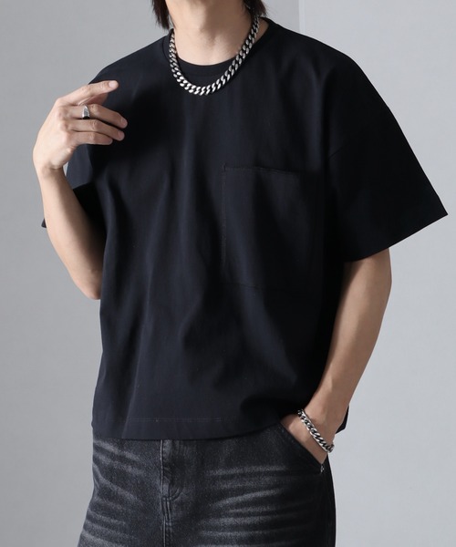 welise(ウェライズ)の「【welise/ウェライズ】チェーンステッチポケット ショート丈半袖Tシャツ(Tシャツ/カットソー・メンズ・ブラック×グレー/ホワイト/ライトグレー/ダークブラウン/レッド/ブラック/ブラック系その他/チャコールグレー・S/M/L)」の2枚目の写真
