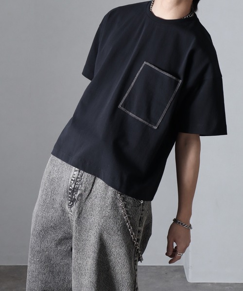 welise(ウェライズ)の「【welise/ウェライズ】チェーンステッチポケット ショート丈半袖Tシャツ(Tシャツ/カットソー・メンズ・ブラック×グレー/ホワイト/ライトグレー/ダークブラウン/レッド/ブラック/ブラック系その他/チャコールグレー・S/M/L)」の9枚目の写真