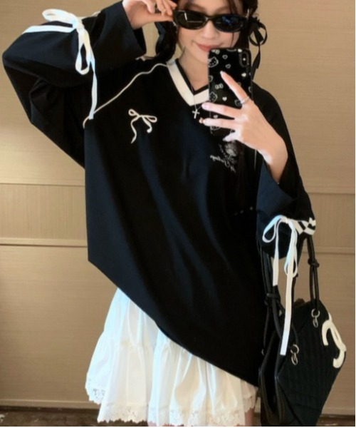 Per sist ence（パーシエンス）の「袖テープライン＆リボン/Vネックジャージプルオーバー（ジャージ・レディース・ブラック/ホワイト・LARGE/MEDIUM）」の8枚目の写真