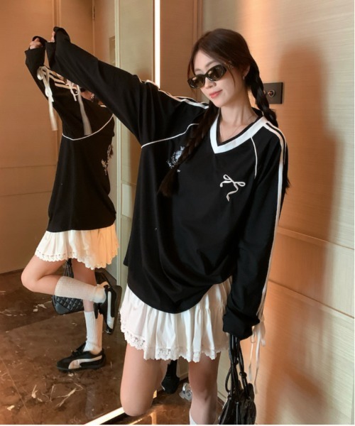Per sist ence（パーシエンス）の「袖テープライン＆リボン/Vネックジャージプルオーバー（ジャージ・レディース・ブラック/ホワイト・LARGE/MEDIUM）」の10枚目の写真