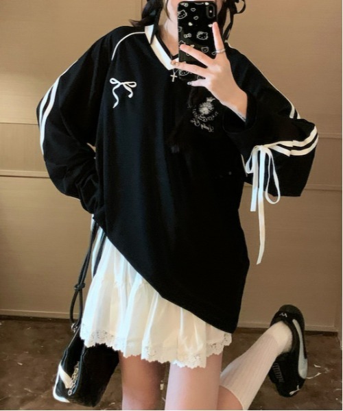 Per sist ence（パーシエンス）の「袖テープライン＆リボン/Vネックジャージプルオーバー（ジャージ・レディース・ブラック/ホワイト・LARGE/MEDIUM）」の12枚目の写真