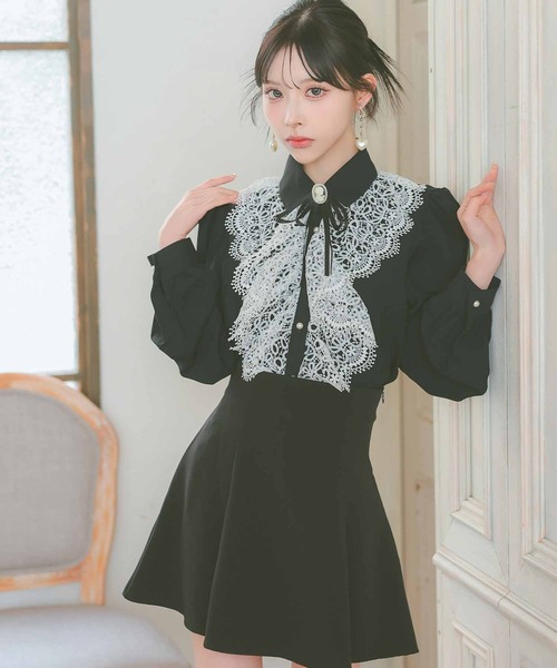 セール】韓国ワンピースキャバドレス ブローチ付き長袖ケミカル