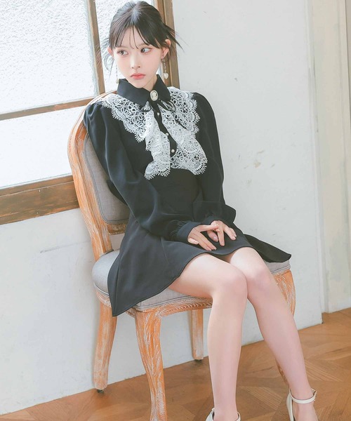 レースデザイン韓国襟付きドレスオルチャンワンピース ティカ Tika 襟付きリボンガーリースタイル総レース袖あり