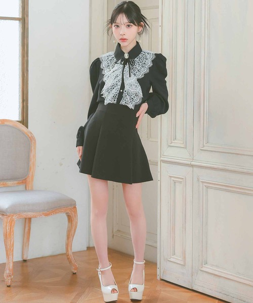 韓国 フリルブラウス ストライプ ワンピース セットアップ マルチWayブラウス×ワンピースセットアップ[tg848] | レディース