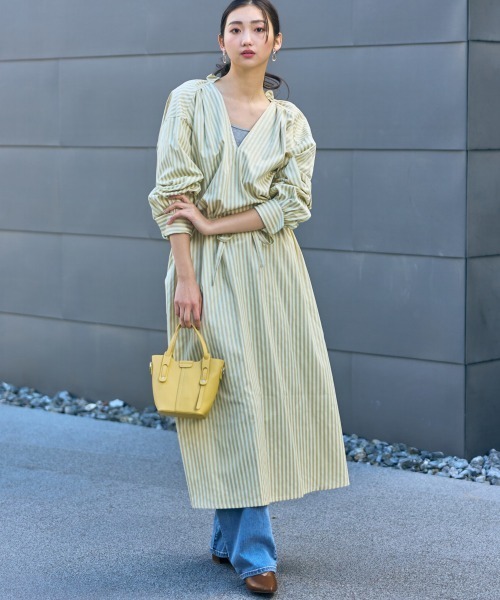高身長 ストライプシャツワンピース（トールサイズ）Essenave