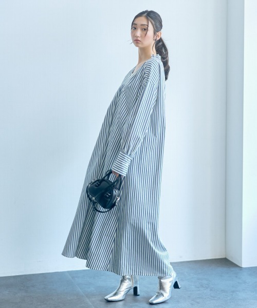 セール】高身長 ストライプシャツワンピース（トールサイズ