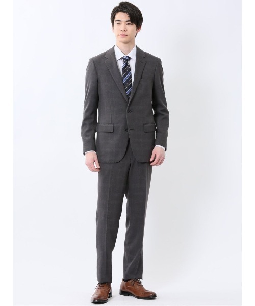 【Perfect Suit FActory】 グレー チェック ビジネススーツ グレー系チェック ビジネススーツ セット ウール混 セットアップ段返り