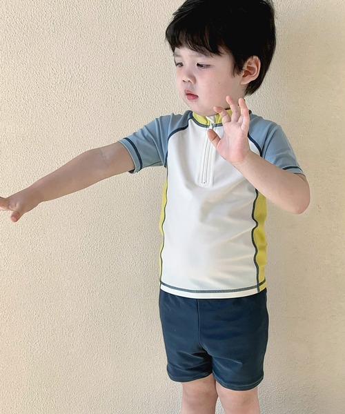 TeddyShop（テディショップ）の「キッズ水着 半袖マルチ配色ラッシュガードトップス+ショートパンツ+キャップ 上下3点セット（水着・キッズ・ブルーグリーン/イエロー系その他・110cm/120cm/150cm/140cm/130cm）」の12枚目の写真