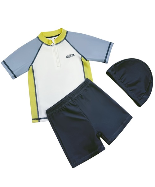 TeddyShop（テディショップ）の「キッズ水着 半袖マルチ配色ラッシュガードトップス+ショートパンツ+キャップ 上下3点セット（水着・キッズ・ブルーグリーン/イエロー系その他・110cm/120cm/150cm/140cm/130cm）」の14枚目の写真