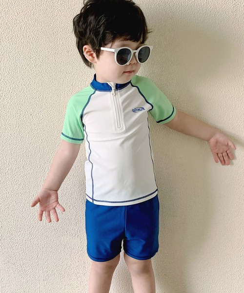 TeddyShop（テディショップ）の「キッズ水着 半袖マルチ配色ラッシュガードトップス+ショートパンツ+キャップ 上下3点セット（水着・キッズ・ブルーグリーン/イエロー系その他・110cm/120cm/150cm/140cm/130cm）」の7枚目の写真