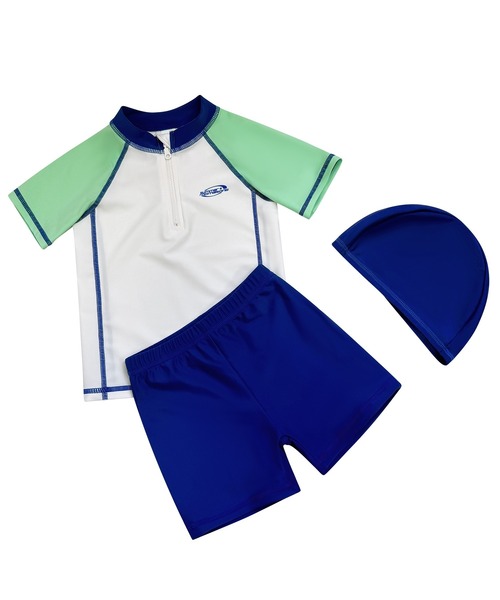 TeddyShop（テディショップ）の「キッズ水着 半袖マルチ配色ラッシュガードトップス+ショートパンツ+キャップ 上下3点セット（水着・キッズ・ブルーグリーン/イエロー系その他・110cm/120cm/150cm/140cm/130cm）」の8枚目の写真