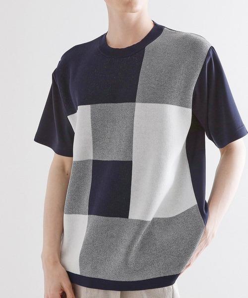 セール】ニットドッキングブロックチェック（Tシャツ/カットソー