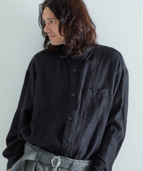 EGO TRIPPING（エゴトリッピング）の「ms6118- Brushlinen リネンシャツ（シャツ/ブラウス・メンズ・オリーブ系/ブラック・46/48）」の2枚目の写真