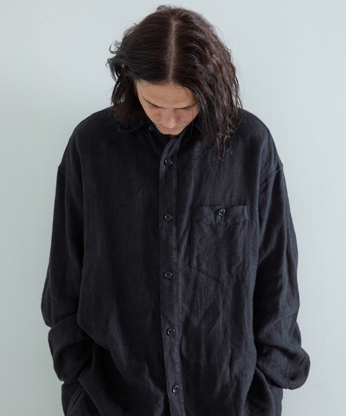 EGO TRIPPING（エゴトリッピング）の「ms6118- Brushlinen リネンシャツ（シャツ/ブラウス・メンズ・オリーブ系/ブラック・46/48）」の4枚目の写真