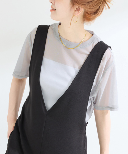 B.C STOCK（ベーセーストック）の「《2点セット》ウォッシャブル / NYチュールオーバーTシャツ（Tシャツ/カットソー・レディース・ライトグレー/スカイブルー/チョコ・FREE）」の2枚目の写真