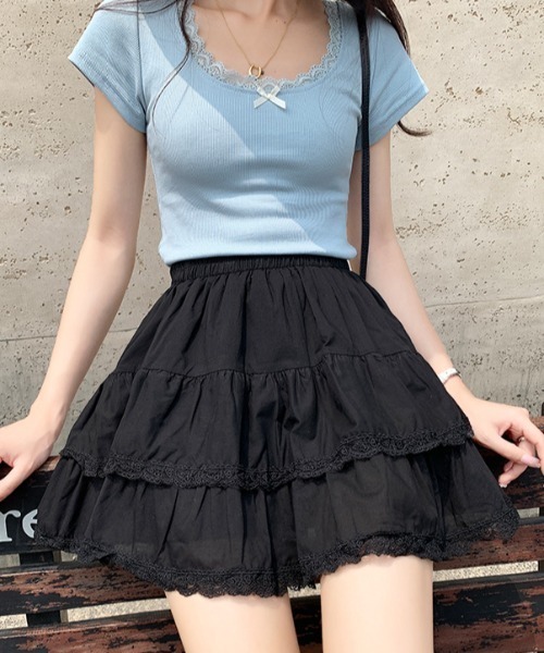 Per sist ence（パーシエンス）の「レース付ティアードミニスカート/インナーパンツ付き（スカート・レディース・ホワイト/ブラック・ONE SIZE）」の4枚目の写真