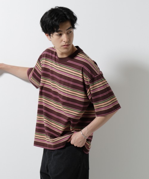 NANO universe（ナノユニバース）の「マルチボーダーリラックスＴシャツ 半袖（Tシャツ/カットソー・メンズ・ホワイト/ブラック/レッド系その他4・S/M/L）」の3枚目の写真