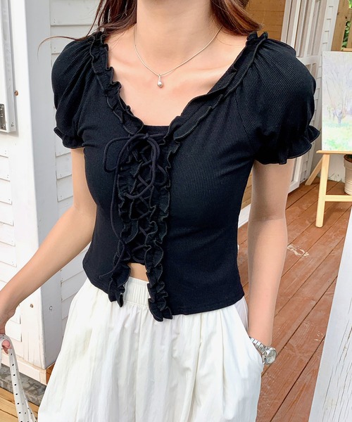Girly Doll(ガーリードール)の「フリルレースアップカットソー(Tシャツ/カットソー・レディース・ホワイト/ブラック・FREE)」の16枚目の写真