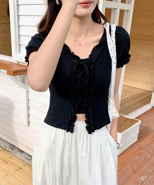 Girly Doll(ガーリードール)の「フリルレースアップカットソー(Tシャツ/カットソー・レディース・ホワイト/ブラック・FREE)」の18枚目の写真