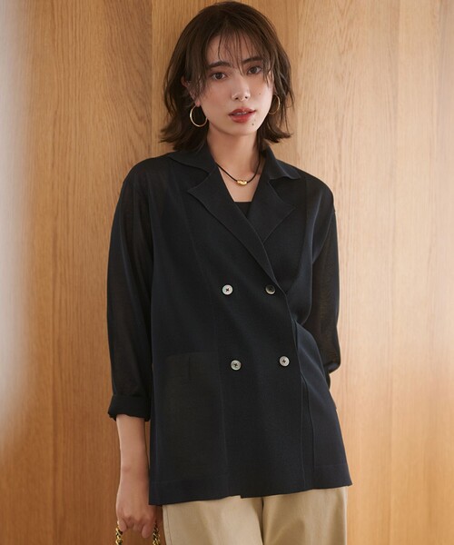 セール】【洗える】シアー ダブルブレスト ニット ジャケット