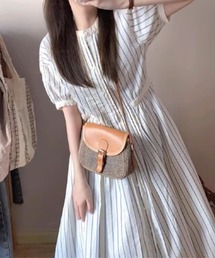 SPIGA | ノーカラーパフスリーブストライプシャツワンピース(ワンピース)