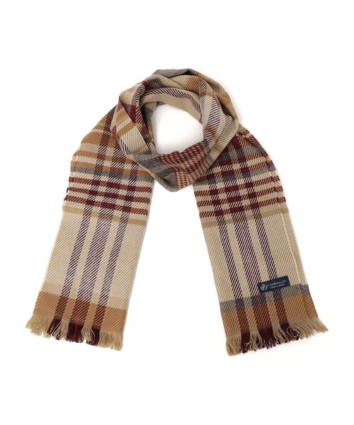CORNILLON（コルニヨン）の「P.CORNILLON:〈手洗い可能〉マルチカラー チェック ストール（マフラー・レディース・ホワイト/ワイン/キャメル・ONE SIZE）」の2枚目の写真