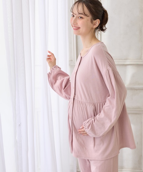 Rosemadame(ローズマダム)の「接結ダブルガーゼ無地・ストライプパジャマ/ルームウェア/上下セット(産前・産後対応 マタニティ&授乳服)(マタニティウェア/グッズ・レディース・オフホワイト/ピンク/チャコール・M/L)」の3枚目の写真