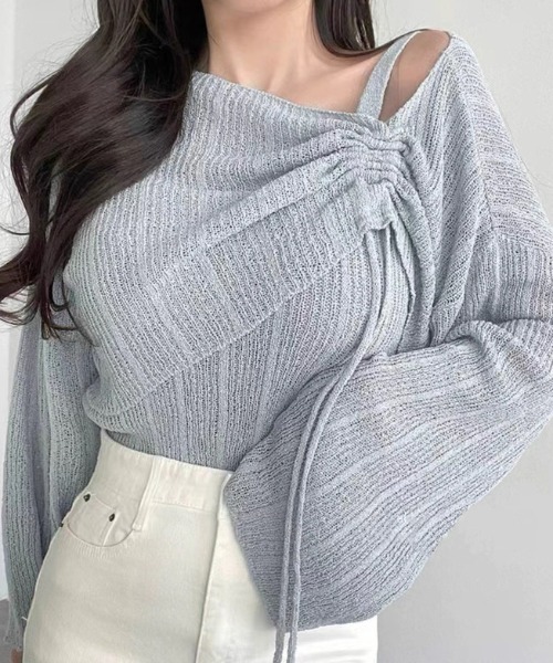 ampm（エーエムピーエム）の「ドロストデザイン オフショル風ライトニットトップス／ベルスリーブ ゆるシルエット レイヤード（ニット/セーター・レディース・グリーン/ホワイト/ブルー/ブラック・FREE）」の4枚目の写真