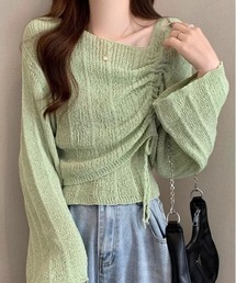 ドロストデザイン オフショル風ライトニットトップス／ベルスリーブ ゆるシルエット レイヤード