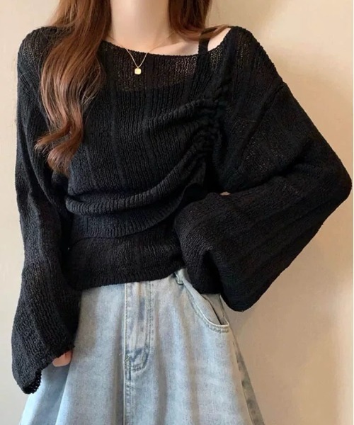 ampm（エーエムピーエム）の「ドロストデザイン オフショル風ライトニットトップス／ベルスリーブ ゆるシルエット レイヤード（ニット/セーター・レディース・グリーン/ホワイト/ブルー/ブラック・FREE）」の3枚目の写真