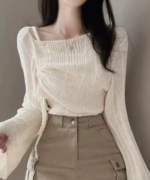 ampm（エーエムピーエム）の「ドロストデザイン オフショル風ライトニットトップス／ベルスリーブ ゆるシルエット レイヤード（ニット/セーター・レディース・グリーン/ホワイト/ブルー/ブラック・FREE）」の8枚目の写真