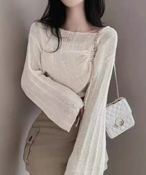 ampm（エーエムピーエム）の「ドロストデザイン オフショル風ライトニットトップス／ベルスリーブ ゆるシルエット レイヤード（ニット/セーター・レディース・グリーン/ホワイト/ブルー/ブラック・FREE）」の13枚目の写真