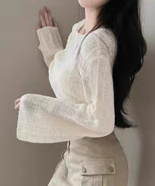 ampm（エーエムピーエム）の「ドロストデザイン オフショル風ライトニットトップス／ベルスリーブ ゆるシルエット レイヤード（ニット/セーター・レディース・グリーン/ホワイト/ブルー/ブラック・FREE）」の9枚目の写真