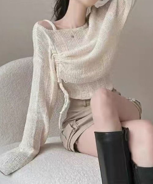 ampm（エーエムピーエム）の「ドロストデザイン オフショル風ライトニットトップス／ベルスリーブ ゆるシルエット レイヤード（ニット/セーター・レディース・グリーン/ホワイト/ブルー/ブラック・FREE）」の14枚目の写真