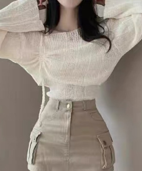 ampm（エーエムピーエム）の「ドロストデザイン オフショル風ライトニットトップス／ベルスリーブ ゆるシルエット レイヤード（ニット/セーター・レディース・グリーン/ホワイト/ブルー/ブラック・FREE）」の12枚目の写真