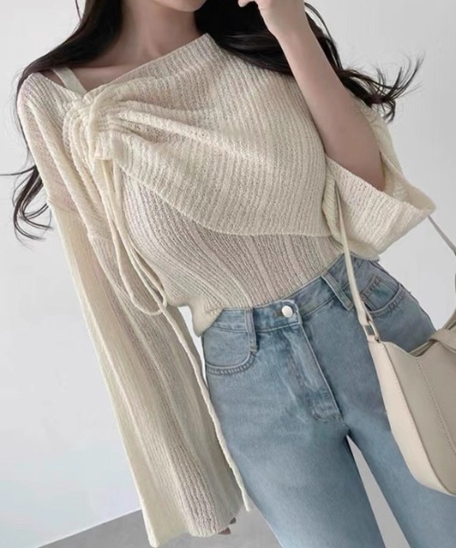 ampm（エーエムピーエム）の「ドロストデザイン オフショル風ライトニットトップス／ベルスリーブ ゆるシルエット レイヤード（ニット/セーター・レディース・グリーン/ホワイト/ブルー/ブラック・FREE）」の19枚目の写真