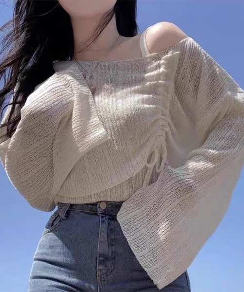 ampm（エーエムピーエム）の「ドロストデザイン オフショル風ライトニットトップス／ベルスリーブ ゆるシルエット レイヤード（ニット/セーター・レディース・グリーン/ホワイト/ブルー/ブラック・FREE）」の20枚目の写真