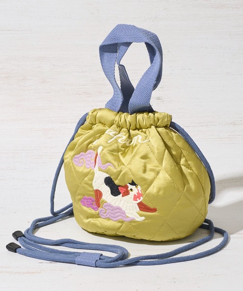 HOUSTON(ヒューストン)の「【HOUSTON / ヒューストン】QUILTING SATIN BAG / キルティングサテン巾着バッグ(ショルダーバッグ・レディース・グリーン/イエロー/ピンク・FREE)」の2枚目の写真