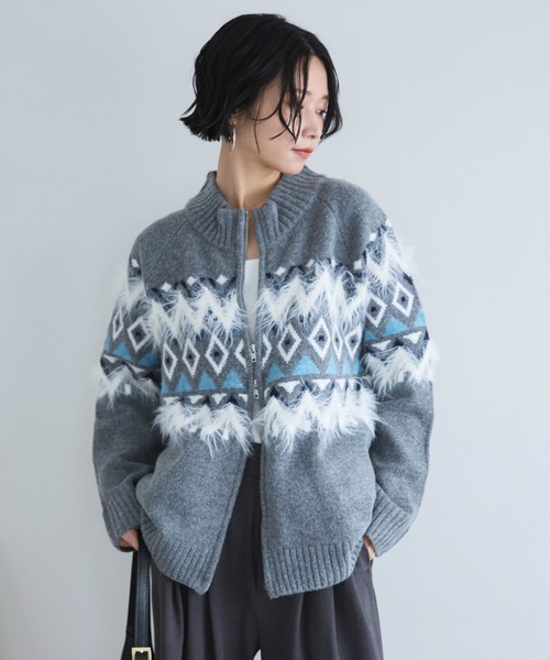 Doux archives（ドゥアルシーヴ）の「ノルディック柄ジャガードニットジャケット（ニット/セーター・レディース・グレー/アイボリー/ネイビー・FREE）」の16枚目の写真