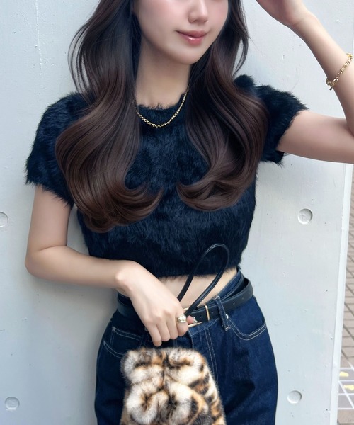 セール】2025AWトレンド♪フェザーシャギー半袖ショート丈ファーニット