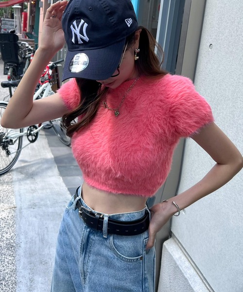 セール】2025AWトレンド♪フェザーシャギー半袖ショート丈ファーニット