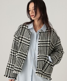 【美品】Eluraノーカラーツイードジャケット ブラック　グレー 美品】Eluraノーカラーツイードジャケット ブラック グレー 2025