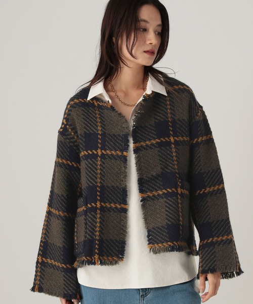 Elura（エルーラ）の「フリンジチェックニットジャケット/431372（ノーカラージャケット・レディース・ブラック系その他/カーキ/ネイビー・FREE）」の10枚目の写真