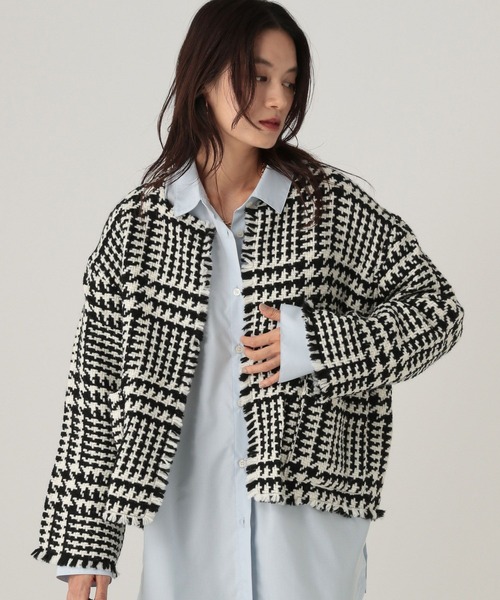 Elura（エルーラ）の「フリンジチェックニットジャケット/431372（ノーカラージャケット・レディース・ブラック系その他/カーキ/ネイビー・FREE）」の4枚目の写真