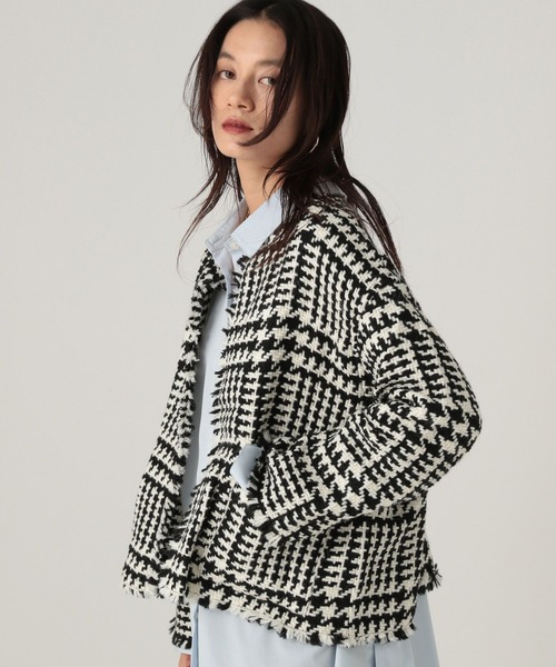 Elura（エルーラ）の「フリンジチェックニットジャケット/431372（ノーカラージャケット・レディース・ブラック系その他/カーキ/ネイビー・FREE）」の5枚目の写真