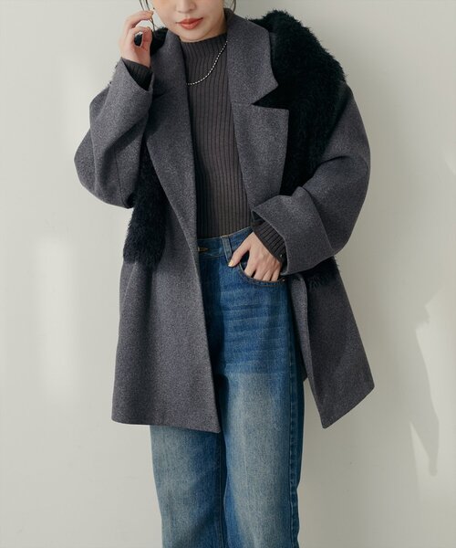 natural couture（ナチュラルクチュール）の「ニットモッサミドル丈テーラーコート（その他アウター・レディース・ブラック/アイボリー/ブラウン/キャメル/チャコールグレー・FREE）」の12枚目の写真