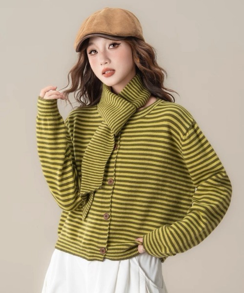 Ritzy(リッツィー)の「マフラー付き 細ボーダーニットカーディガン 2点セット(ニット/セーター・レディース・サックスブルー/グリーン/ブラック・FREE)」の6枚目の写真
