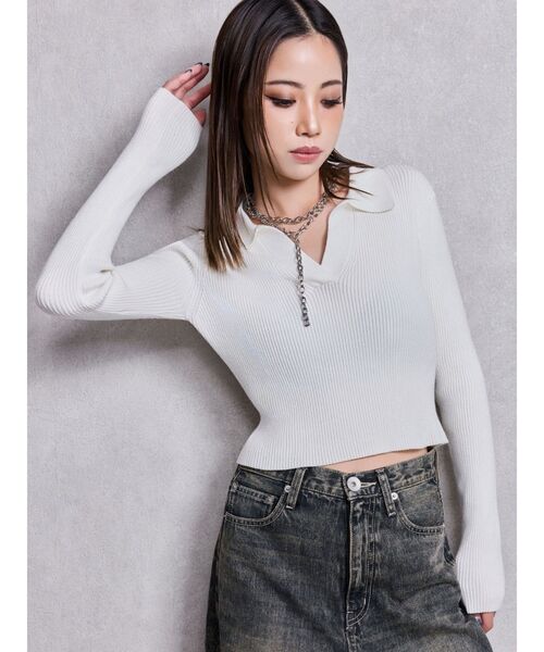 GYDA(ジェイダ)の「POLOニットトップス(ニット/セーター・レディース・ブラック/オフホワイト/ミント/その他1・FREE)」の2枚目の写真