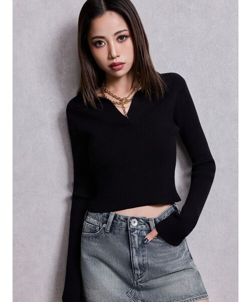 GYDA(ジェイダ)の「POLOニットトップス(ニット/セーター・レディース・ブラック/オフホワイト/ミント/その他1・FREE)」の1枚目の写真